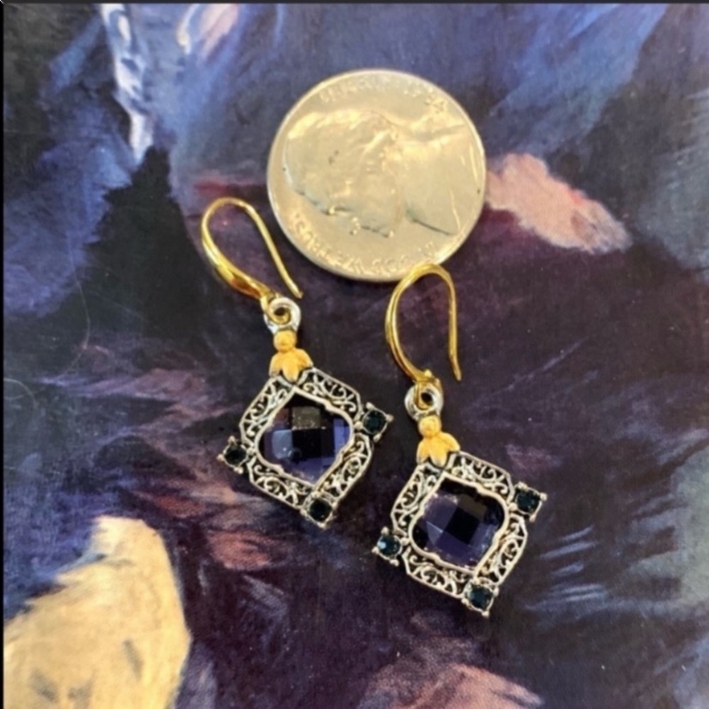 Filigree SILVER GOLD VINTAGE STYLE SAPPHIRE EARRINGS Vintage Style - Picture 7 of 10